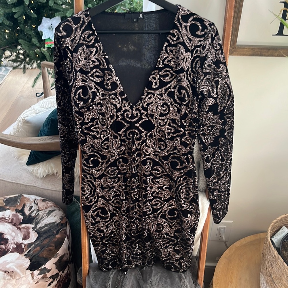 Black velvet with rose gold sparkle design long sleeve dress